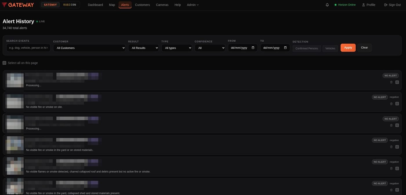 Gateway alert history screen showing AI-verified security alerts with plain-English verdicts