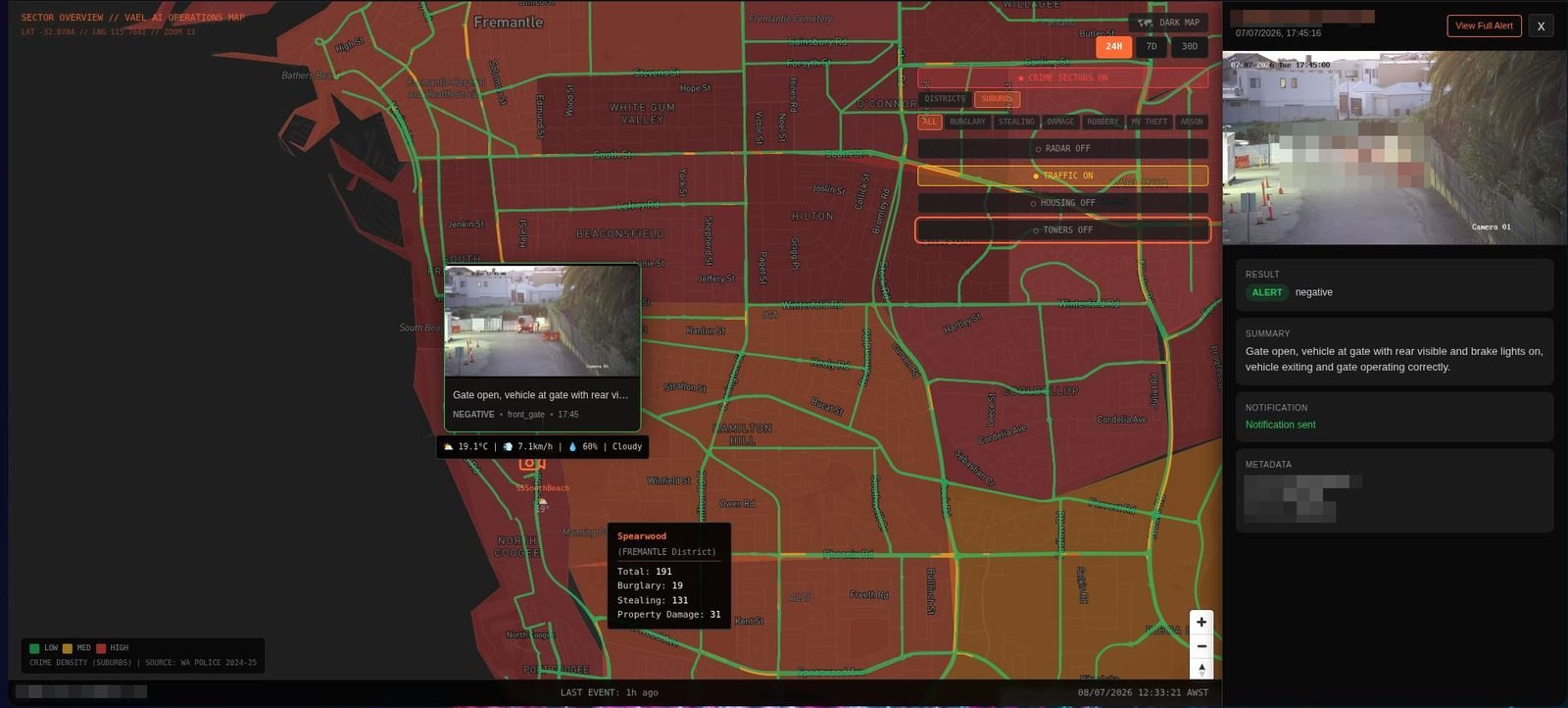 Gateway operations map showing live AI CCTV monitoring with crime-density sectors and camera alerts over Fremantle, Perth